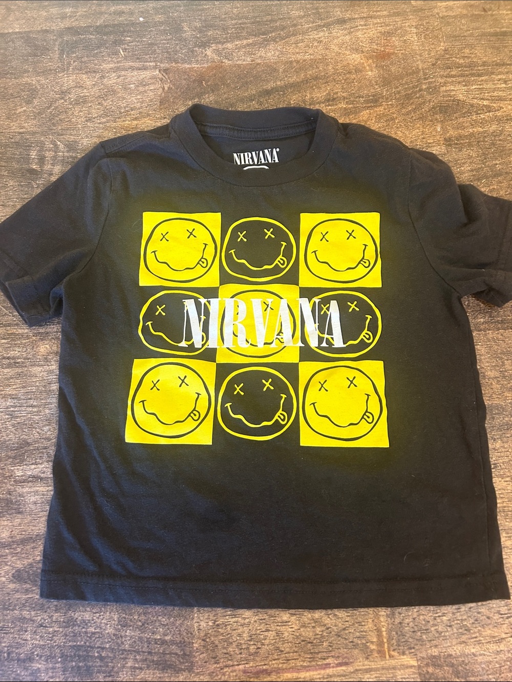NIRVANA Black Kids T-Shirt with Yellow Smiley Grid